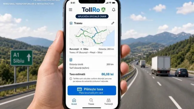 O mână ține un smartphone care afișează o aplicație cu o hartă și detalii de traseu, în fața unei autostrăzi cu vehicule și munți.