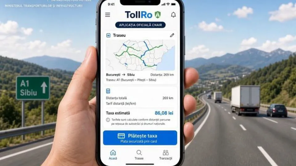 O mână ține un smartphone care afișează o aplicație cu o hartă și detalii de traseu, în fața unei autostrăzi cu vehicule și munți.