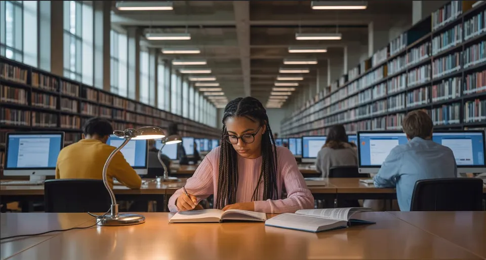 O tânără cu ochelarii scrie într-o caiet într-o bibliotecă mare, înconjurată de alte persoane care lucrează la computere.