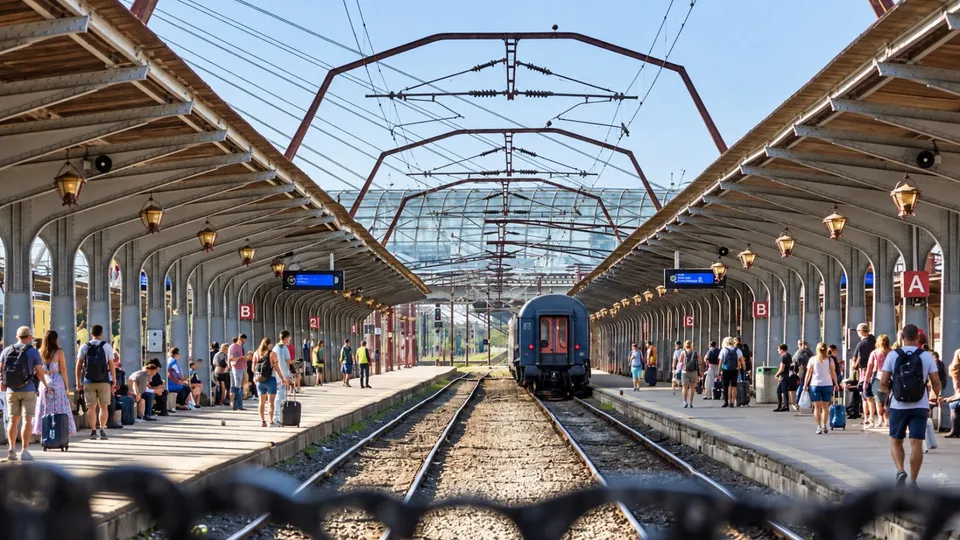Oameni stau pe platformele unei stații feroviare între două acoperișuri metalice, lângă șinele pe care se află un tren de culoare închisă.