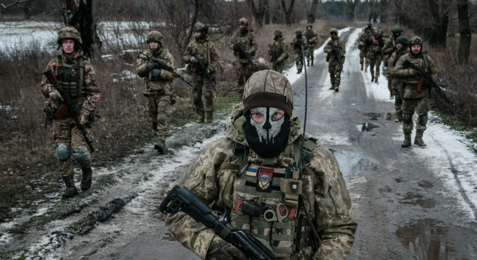 Soldați în uniforme de camuflaj cu arme și echipament tactic merg pe un drum de țară înconjurat de vegetație și resturi de zăpadă.