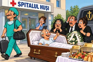 Un bărbat în halat albastru stă în picioare într-un sicriu deschis, ridicând degetul mare, în timp ce mai multe persoane privesc cu stupoare.