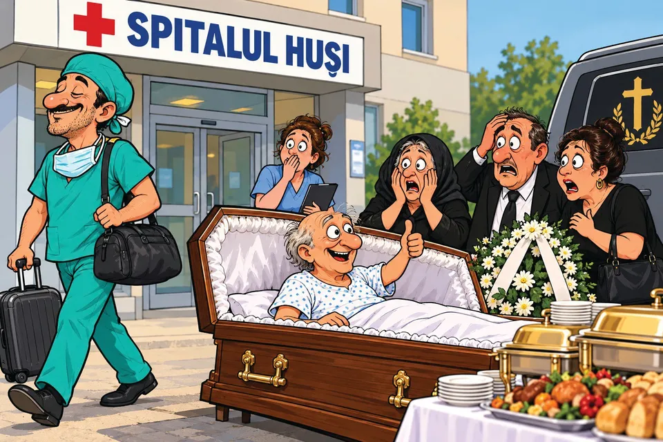 Un bărbat în halat albastru stă în picioare într-un sicriu deschis, ridicând degetul mare, în timp ce mai multe persoane privesc cu stupoare.