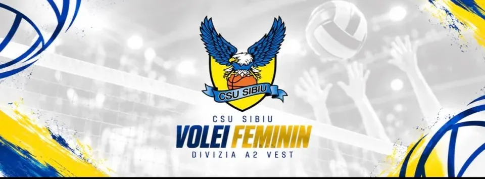 Un logo cu un vultur pe un scut galben este plasat deasupra textului pe un fundal alb cu mâini ridicate și o minge de volei.