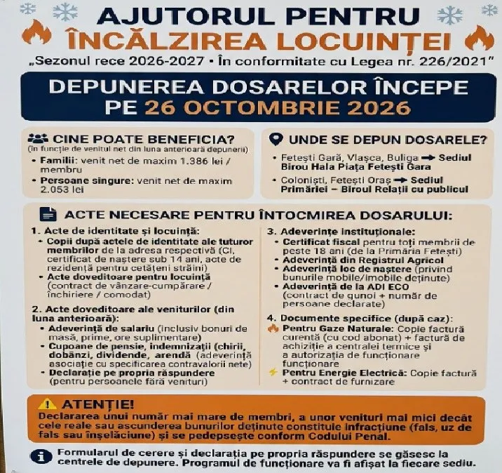 Un afiș informativ albastru și portocaliu prezintă detalii despre ajutorul pentru încălzirea locuinței, inclusiv date, condiții și documente necesare.