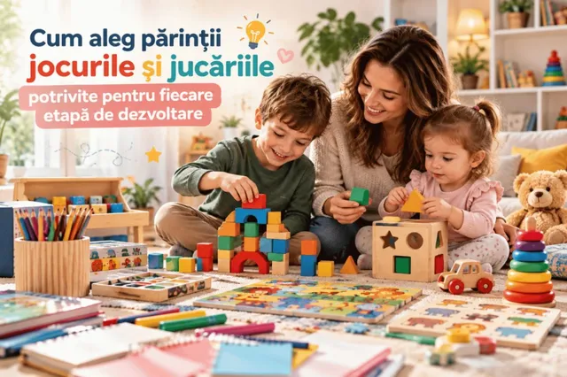 O femeie și doi copii stau pe podea, înconjurată de diverse jucării colorate, precum cuburi, puzzle-uri și un camion de jucărie.