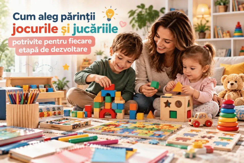 O femeie și doi copii stau pe podea, înconjurată de diverse jucării colorate, precum cuburi, puzzle-uri și un camion de jucărie.
