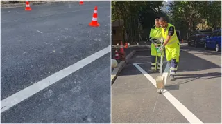 Două imagini suprapuse arată o porțiune de asfalt cu conuri de circulație portocalii și un lucrător purtând vestă reflectorizantă utilizând o mașină de marcat linii.