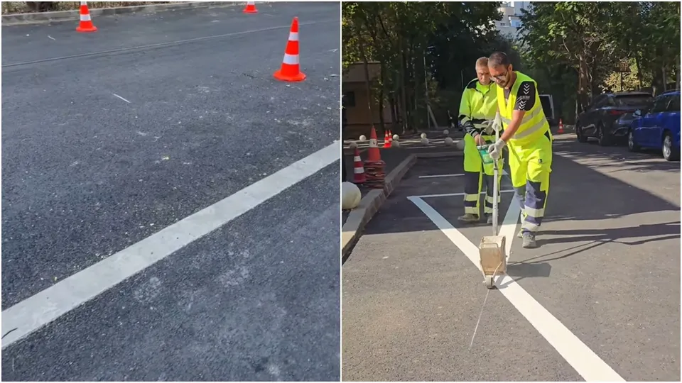 Două imagini suprapuse arată o porțiune de asfalt cu conuri de circulație portocalii și un lucrător purtând vestă reflectorizantă utilizând o mașină de marcat linii.