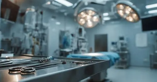Un set de instrumente metalice de chirurgie este așezat pe o masă de inox într-o sală de operație cu lumini suspendate deasupra unui pat.