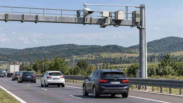 Mașini circulă pe o autostradă sub o structură metalică suspendată care conține echipamente electronice și camere de supraveghere.