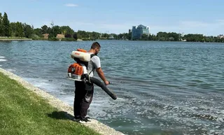Un bărbat cu un pulverizator pe spate, stă pe malul unui lac și pulverizează lichid în apă, cu o clădire modernă în fundal.