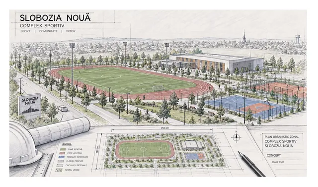 Randare conceptuală din sursă a unui complex sportiv la Slobozia; nu reprezintă lucrări realizate sau configurația finală aprobată.