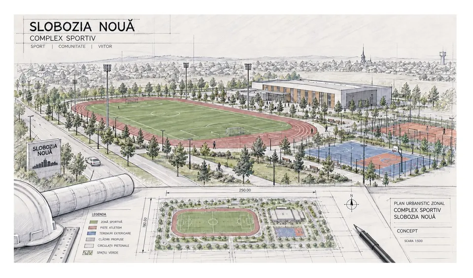 Randare conceptuală din sursă a unui complex sportiv la Slobozia; nu reprezintă lucrări realizate sau configurația finală aprobată.