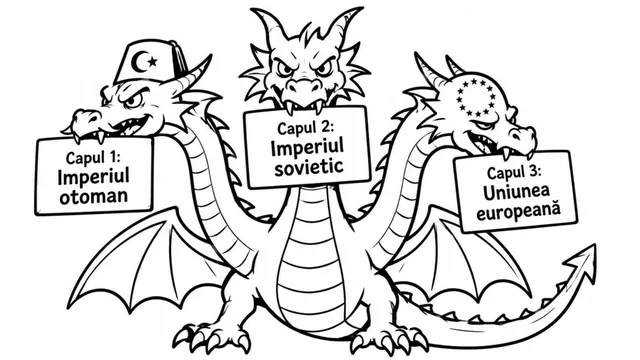 O ilustrație cu un dragon cu trei capete, fiecare având un text încadrat într-un dreptunghi sub gâtul său.