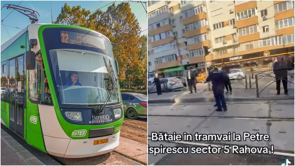 Un tramvai verde și alb circulă pe șine lângă copaci, în timp ce pe partea dreaptă se văd persoane pe un trotuar lângă clădiri.