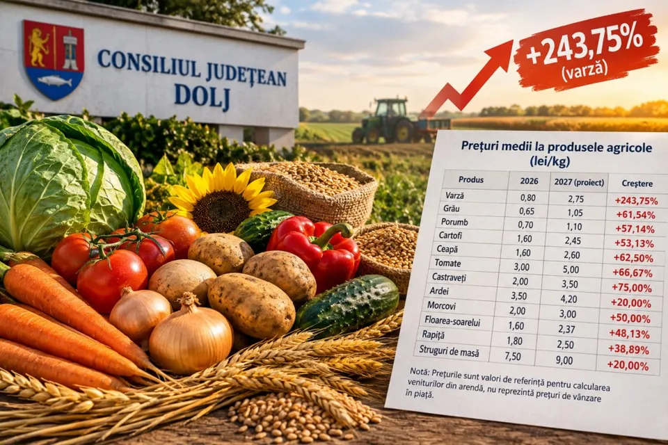 Un amestec de legume și cereale, inclusiv varză, roșii, morcovi, ceapă și porumb, este așezat în prim-plan lângă un tabel cu prețuri agricole.