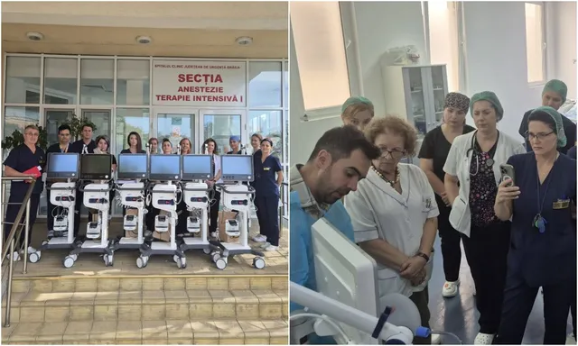 Un grup de persoane stă lângă șase aparate medicale pe roti în fața unei clădiri și un alt grup stă într-o încăpere interioară.
