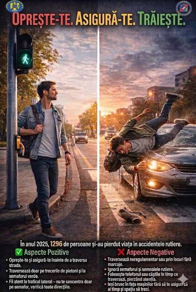 Un bărbat merge pe trotuar lângă un semafor verde, în timp ce un alt bărbat este proiectat de o mașină pe carosabil.
