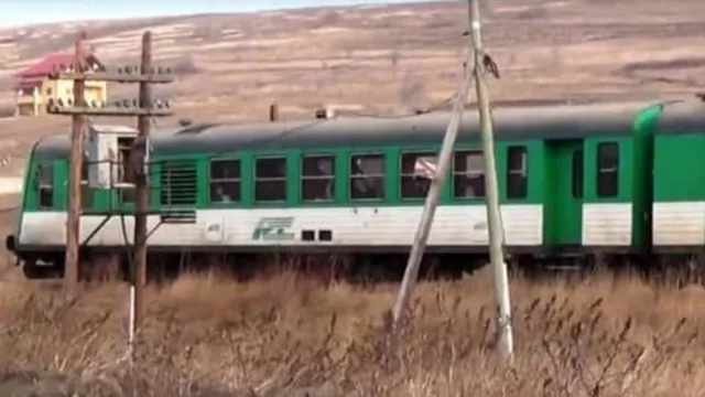 Un tren verde și alb circulă pe o cale ferată printre vegetație uscată și stâlpi de utilități.