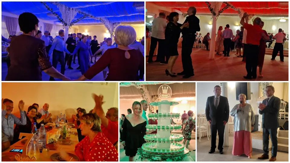 Un colaj de patru fotografii prezintă oameni dansând, persoane la mese, un buffet cu etaje și un grup de bărbați într-o încăpere iluminată.