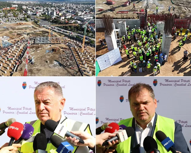 Patru imagini într-un colaj: două aeriene cu șantierul unui stadion și două cu bărbați în veste reflectorizante vorbind la microfoane. 