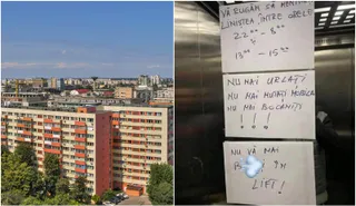 Trei foi albe cu mesaje scrise pe suprafața metalică a unui lift.