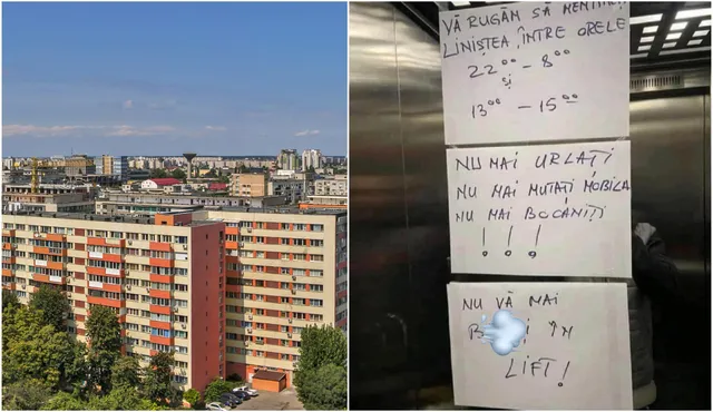 Trei foi albe cu mesaje scrise pe suprafața metalică a unui lift.