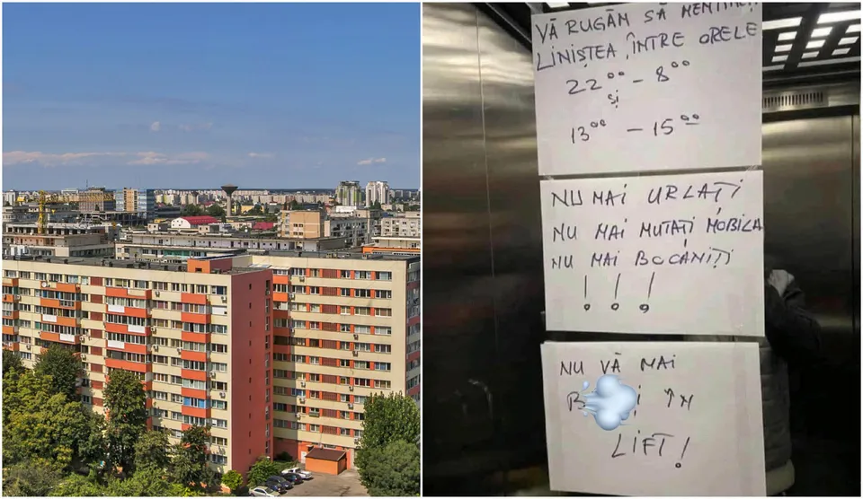 Trei foi albe cu mesaje scrise pe suprafața metalică a unui lift.