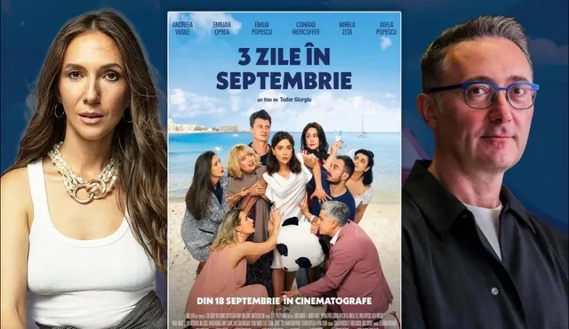 O compusă dintr-un portret al unei femei, o afișă de film cu mai multe persoane pe o plajă și un portret al unui bărbat cu ochelari.