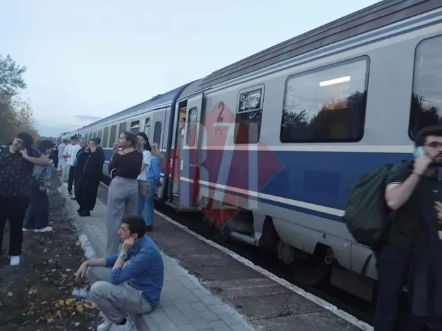 Oamenii stau pe marginea unui peron lângă un tren albastru și gri aflat pe șine.