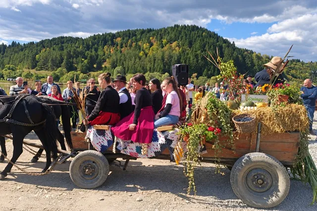 Un căruț decorat cu flori și plante este tras de un cal, având persoane așezate pe el în fața unui deal împădurit.