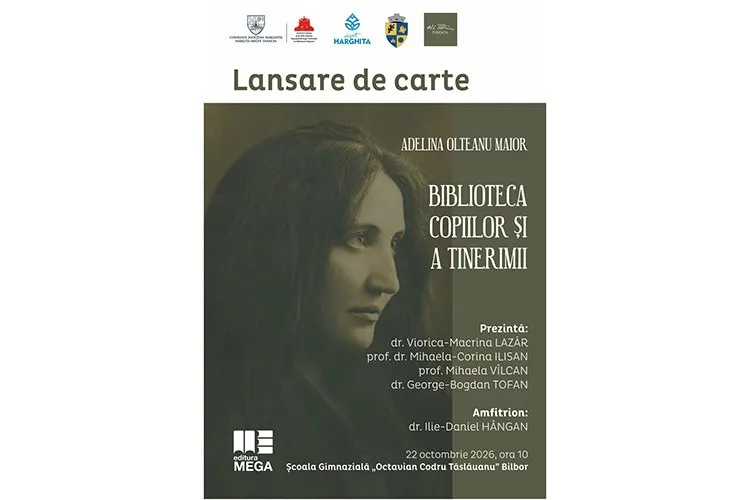 Un afiș prezintă portretul unei femei cu părul lung și textul unei lansări de carte pe un fundal de culoare închisă.