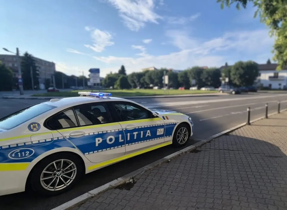 O mașină de poliție albă cu marcaje albastre și galbene este parcată pe marginea unui drum asfaltat lângă un trotuar din pavaj.
