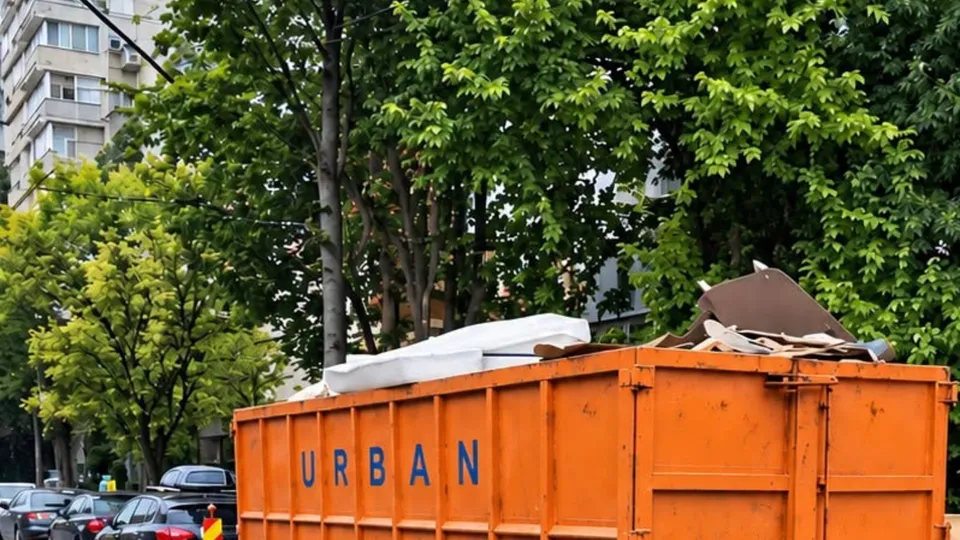 Un container portocaliu cu inscripția URBAn este umplut cu obiecte de diverse dimensiuni și materiale sub copaci verzi.