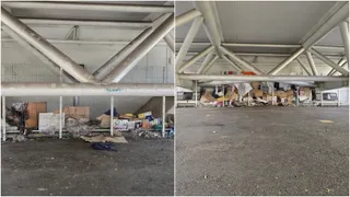 Două fotografii prezintă acumulări de deșeuri și cutii de carton sub o structură metalică de susținere cu grinzi cilindrice gri.