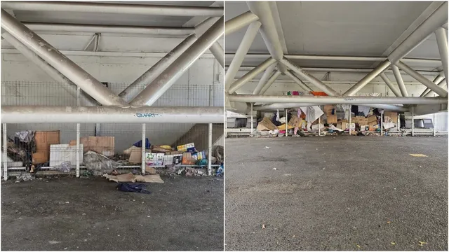 Două fotografii prezintă acumulări de deșeuri și cutii de carton sub o structură metalică de susținere cu grinzi cilindrice gri.