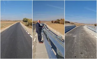 Un colaj de trei fotografii prezintă o porțiune de drum asfaltat, un bărbat în costum stând lângă o barieră metală și o suprafață de asfalt.