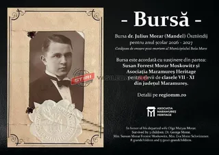 Un poster negru prezintă un portret sepia al unui bărbat într-un costum cu papion, lângă un text informativ despre o bursă.