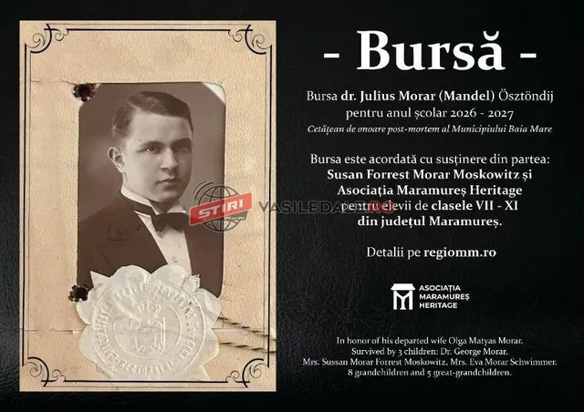 Un poster negru prezintă un portret sepia al unui bărbat într-un costum cu papion, lângă un text informativ despre o bursă.