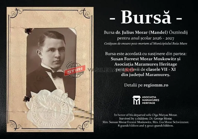 Un poster negru prezintă un portret sepia al unui bărbat într-un costum cu papion, lângă un text informativ despre o bursă.
