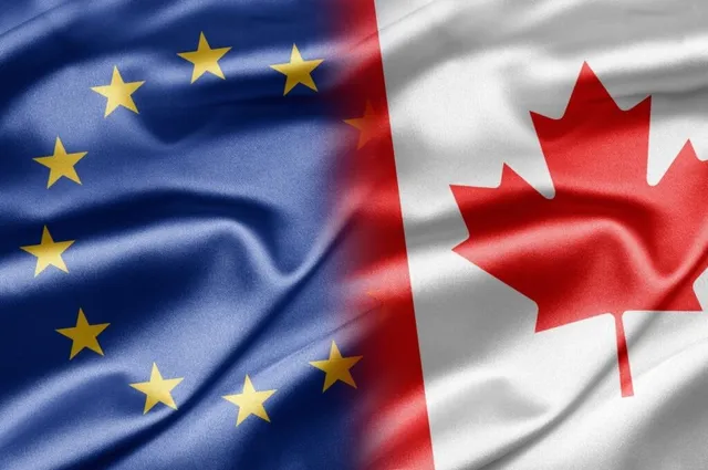 O imagine compusă prezintă drapelul Uniunii Europene cu stele galbene pe fundal albastru și drapelul Canadei cu o frunză de arțar roșie pe fundal alb.