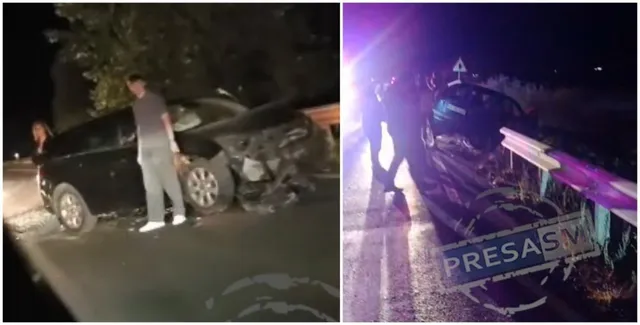 Două imagini de noapte arată un vehicul negru avariat lângă un parapet, în prezența unor persoane și a unor lumini de semnalizare.