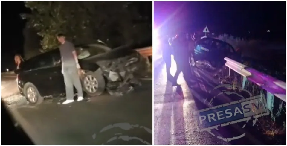 Două imagini de noapte arată un vehicul negru avariat lângă un parapet, în prezența unor persoane și a unor lumini de semnalizare.