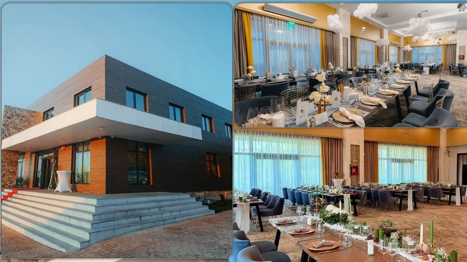 Imagine compusă prezentând o clădire modernă cu fațadă maro și două fotografii cu mese de restaurant amenajate cu fețe de masă, scaune și decorațiuni.