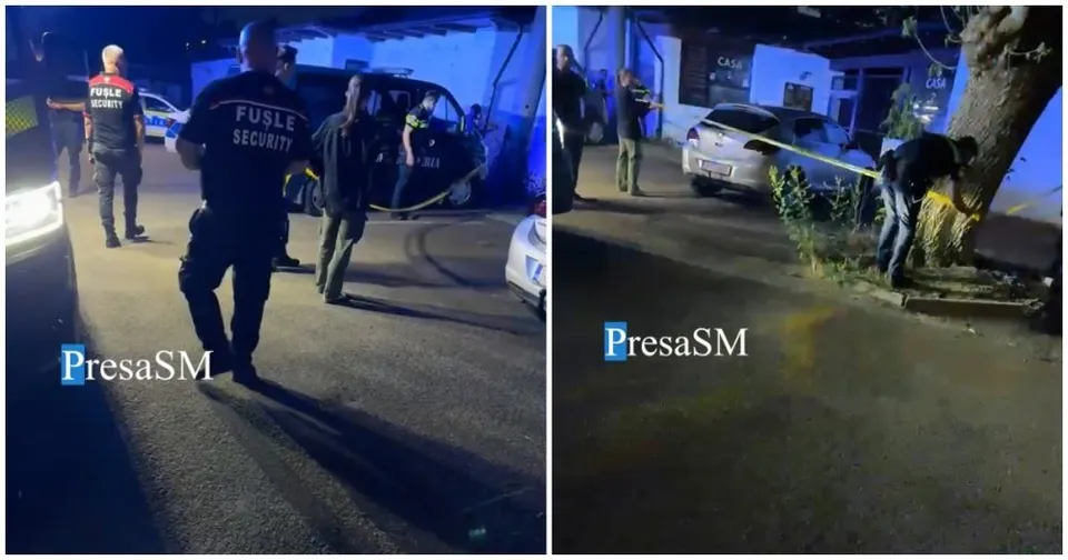 Două imagini de noapte arată persoane lângă mașini și un cordon de poliție întins între un arbore și un vehicul alb.