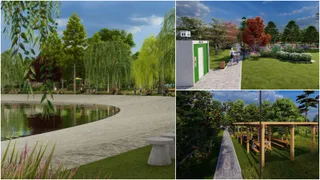 Imagine compusă din trei reprezentări digitale ale unui parc cu lac, alei pietruite, zone cu iarbă, copaci și structuri din lemn.
