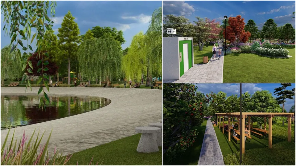 Imagine compusă din trei reprezentări digitale ale unui parc cu lac, alei pietruite, zone cu iarbă, copaci și structuri din lemn.