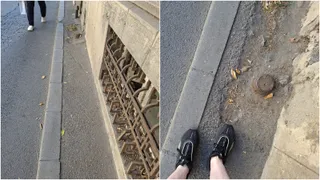 Două fotografii prezintă un trotuar îngust situat între o bordură de pavaj și un zid de piatră cu o grilaj metalică.