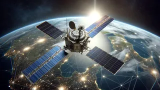 Un satelit cu patru panouri solare planează deasupra Pământului, cu rețea luminoasă suprapusă și Soarele strălucind în spate.